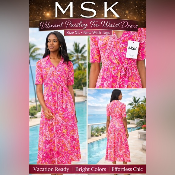 MSK Dresses & Skirts - MSK Paisley Midi Dress XL NWT Fuchsia Pink Mango Boho Floral Vacation Casual
